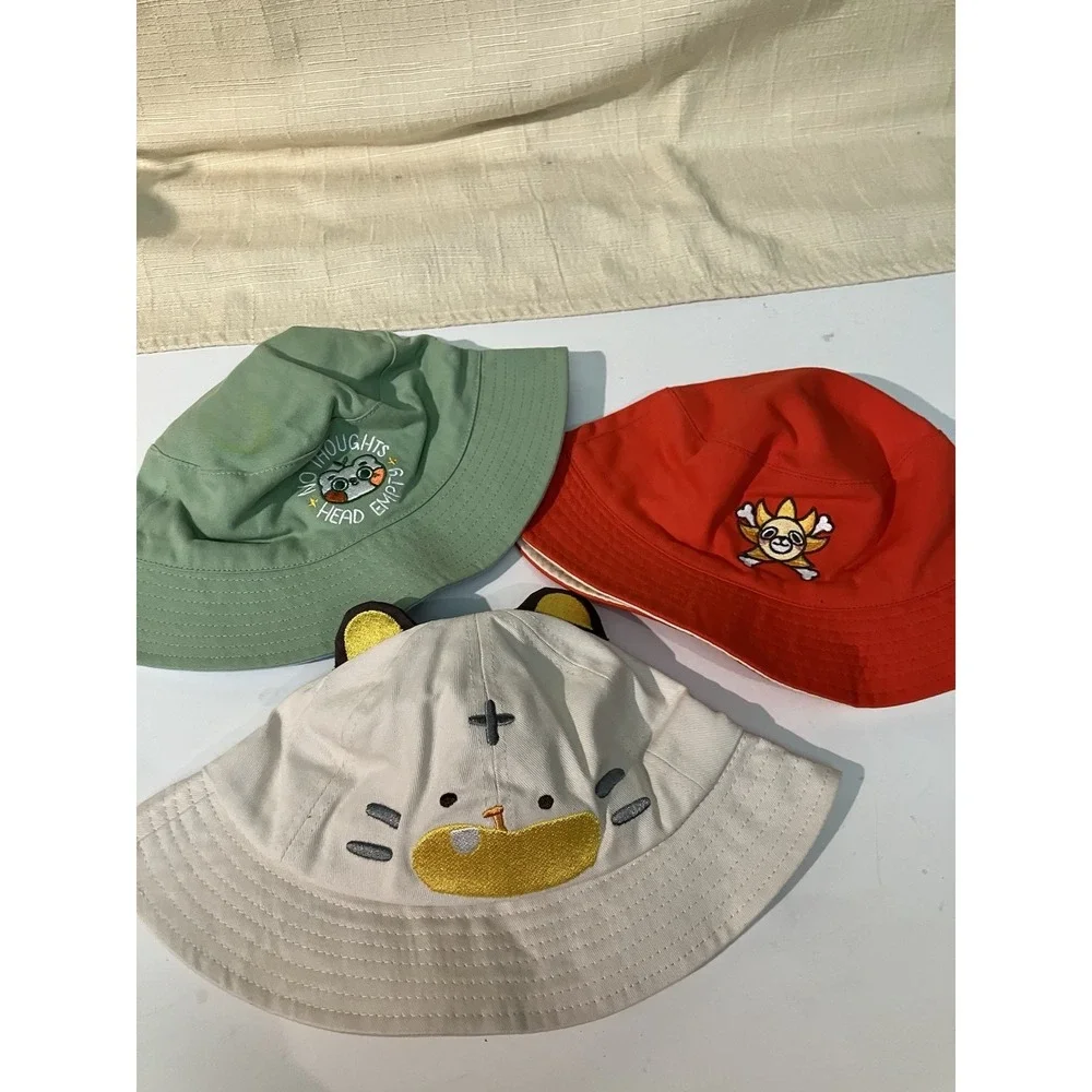 Girls Cartoon Embroidered Cotton Bucket Hats Set - Green, Red, Beige, Breathable